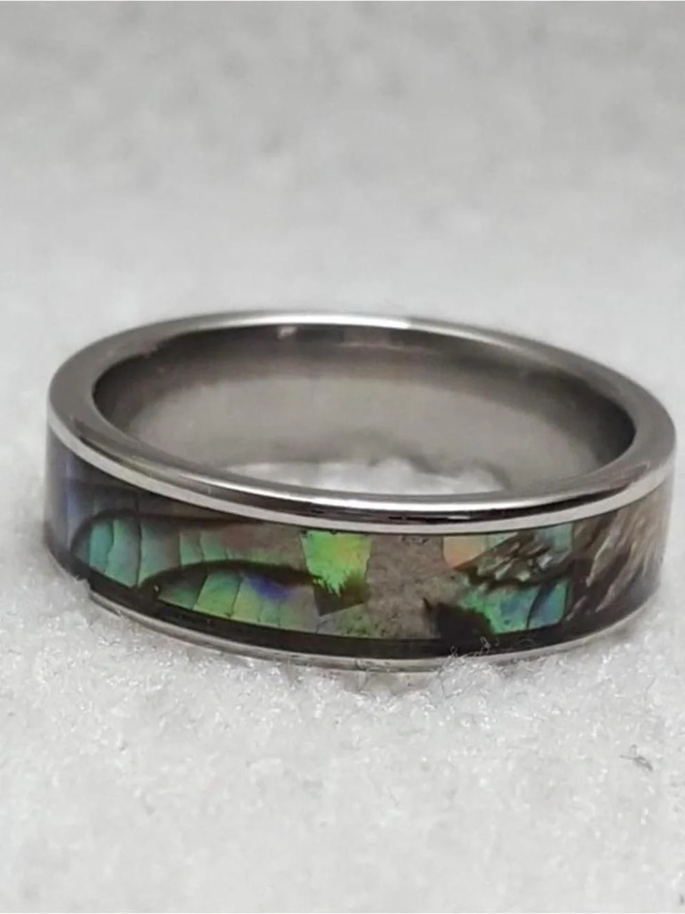 Abalone Inlay Stainless Steel Band Ring - Iridescent Green & Blue